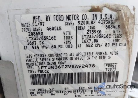 1997 Ford F-350 Xl z USA, uszkodzony, nr VIN 1FTJW36F2VEA92478